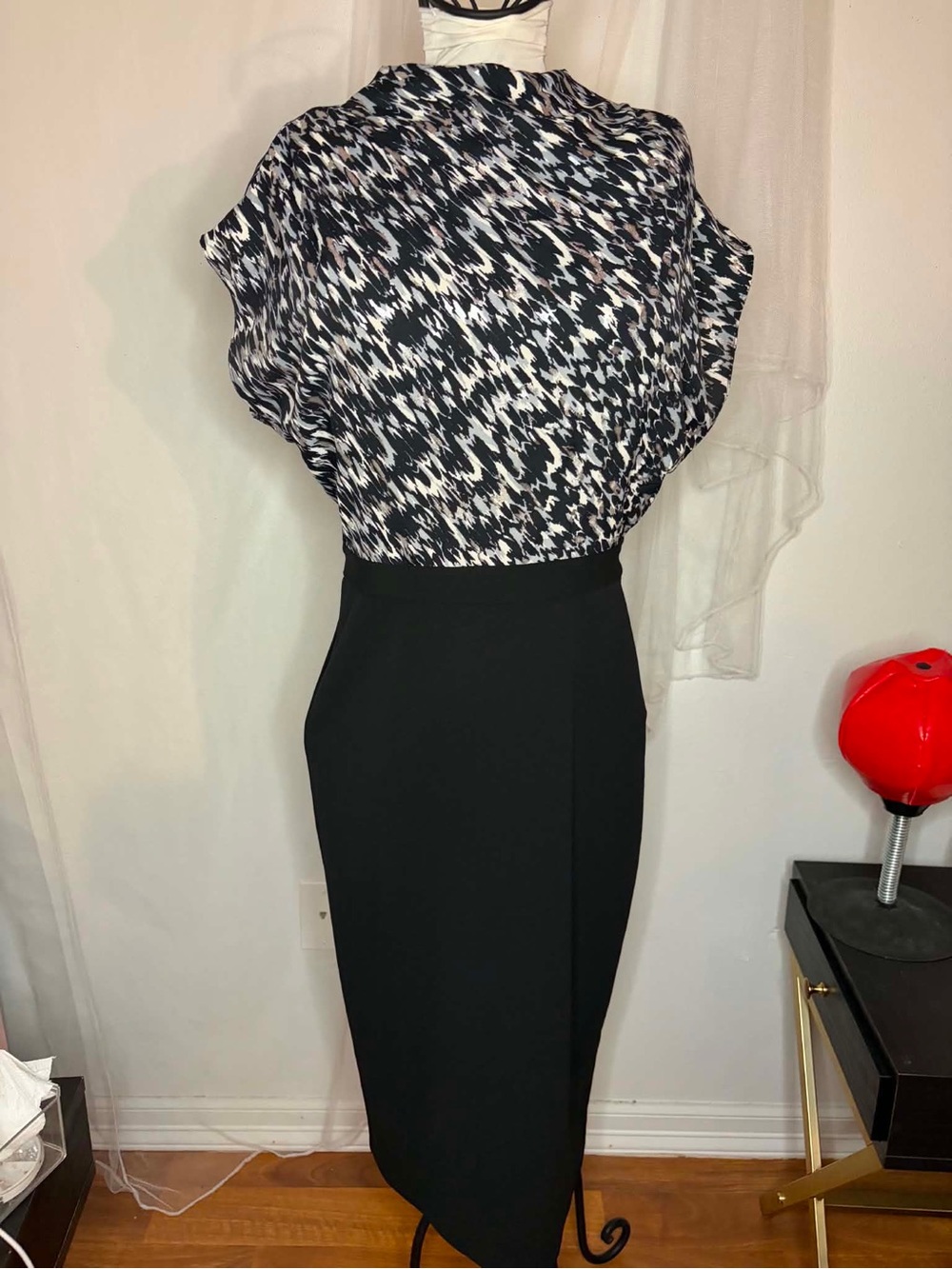 Express Black dress with Monochrome Patterned Top